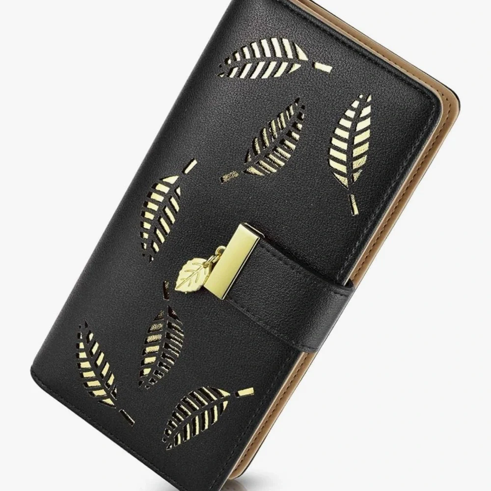 Black Long Wallet Golden Leaves Elegant Clutch NWT